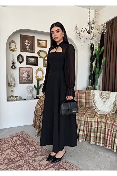 Miss Beyoğlu Γυναικείο φόρεμα μίντι με τούλινα μανίκια και λεπτομέρειες