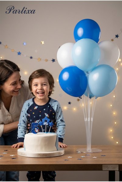 Partixa Uzay Temalı Roket Detaylı 4'lü Mavi Simli Rakam Mum & Balon Stand Set...