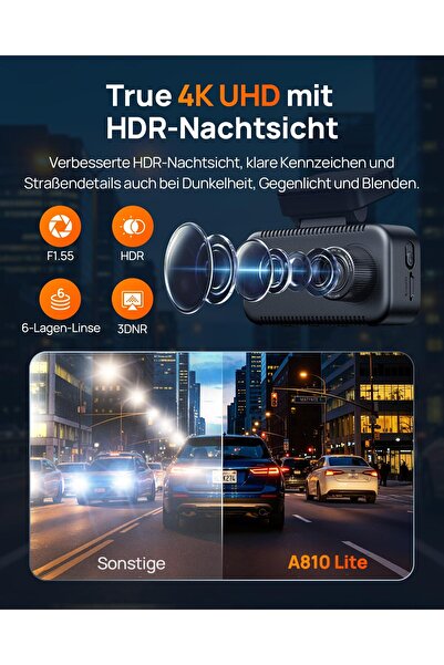70MAİ A810 Lite Dashcam Ön Arka, 4K Dashcam 2160P+1080P, 64GB Kartlı, 24 Saat Park İzleme, 4G LTE