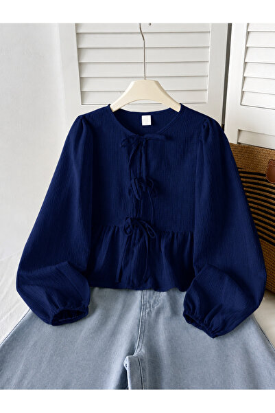 WEEST MODA Navy Blue Round Neck Front Three Tie Detailed Ruffled Blouse