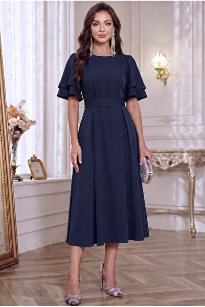 ALFUDO Moda Collection Belted Layered Sleeved Midi Dress Combination