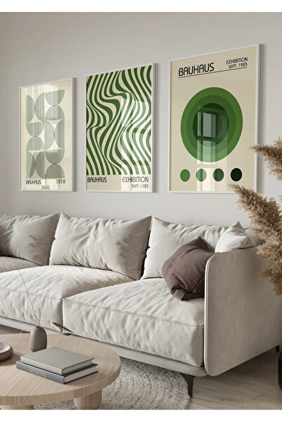 NT Handmade Natural Wood Framed 3-Piece Green Bauhaus Modern Geometric Retro ...