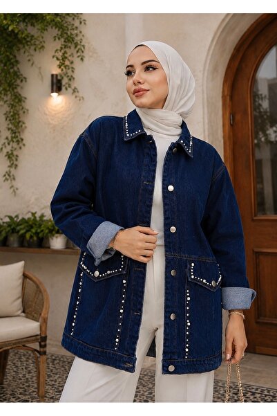 ASTEMİA Kadın Taş Detaylı Oversize Denim Kot Ceket SB0051