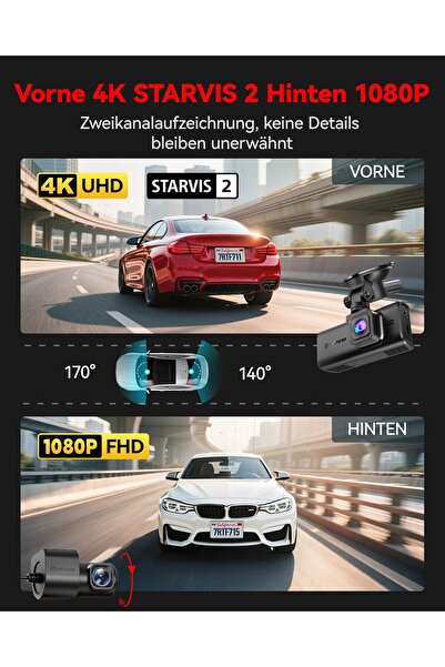 Redtiger 4K STARVIS 2 Dashcam Araba Ön Arka, Dokunmatik Ekran 3,18 İnç, Park Monitörü (F7N Touch)