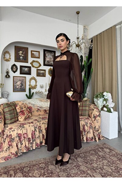 Miss Beyoğlu Women's Tulle Sleeve Tie Detailed Midi Dress