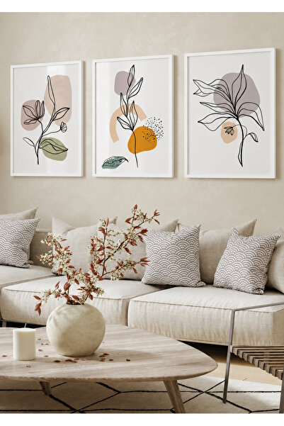 NT Handmade Natural Wood Framed Set of 3 Modern Botanical Linear Flower Paint...