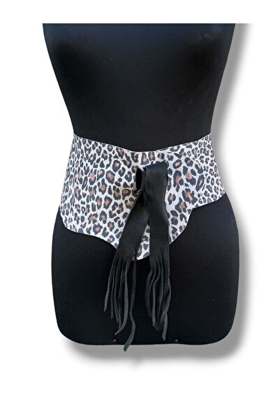 Yılday Gür Butik Leopard Print Tassel Leather Women's Belt, Casual Women's Be...