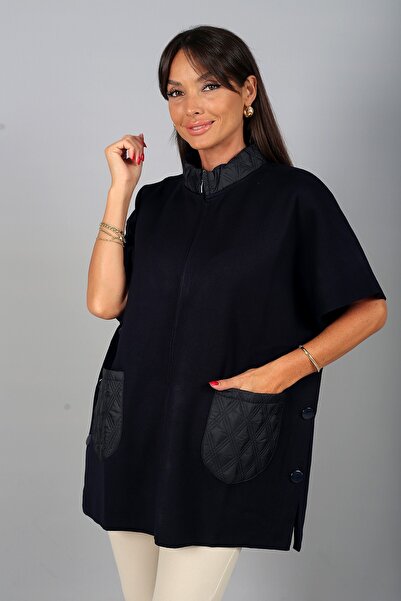 By Saygı Women's Collared and Pocketed Hooded Poncho with Buttons on the Side...