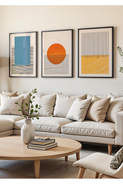 NT Handmade Natural Wood Framed 3-Piece Modern Colorful Geometric Abstract Wa...