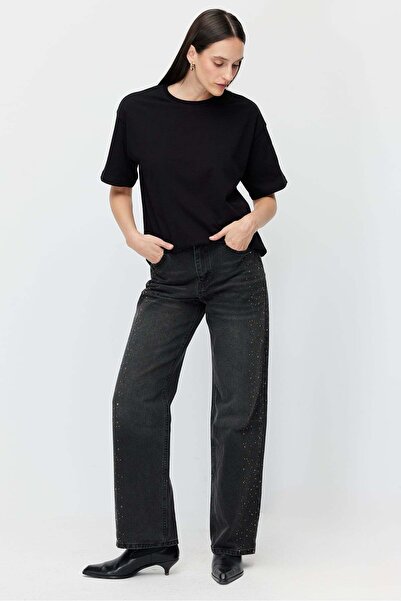 PAULMARK Women's Stone Embellished Wide Leg Jeans
