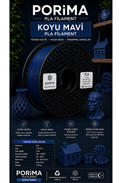 Porima PLA Filament Koyu Mavi Renk 1KG