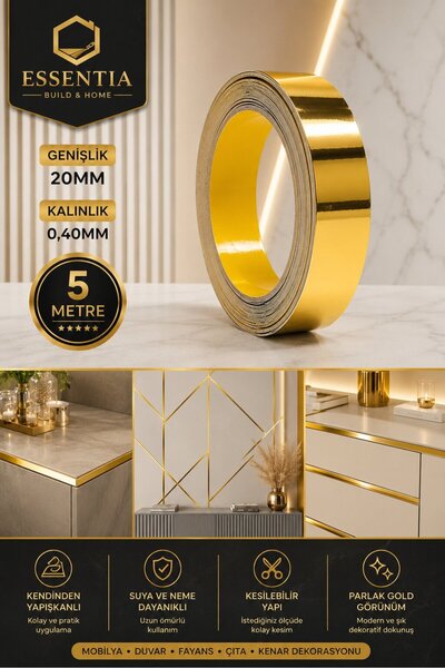ESBH Kendinden Yapışkanlı Gold Altın Dekoratif Şerit Bant 20 mm x 5 Metre - P...
