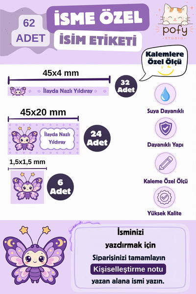 Pofy Studio İsme Özel Kelebek Temalı Suya Dayanıklı İsim Etiketi - Okul ve Kalem İsim Etiketi Seti 62 Adet