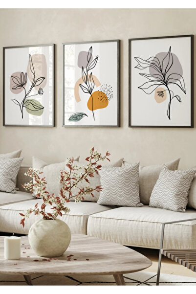 NT Handmade Natural Wood Framed Set of 3 Modern Botanical Linear Flower Paint...