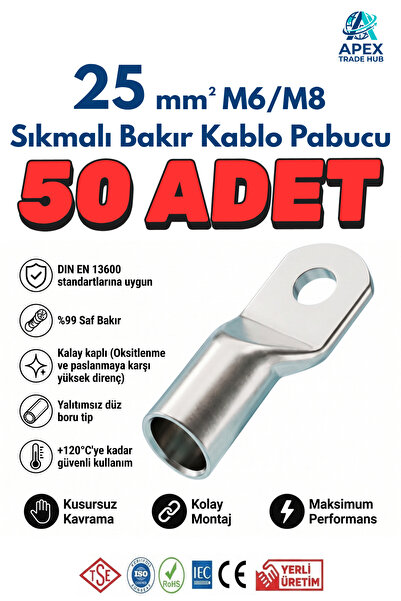 25mm M6/M8 SKP Sıkmalı Bakır Kablo Pabucu - 50'li Paket