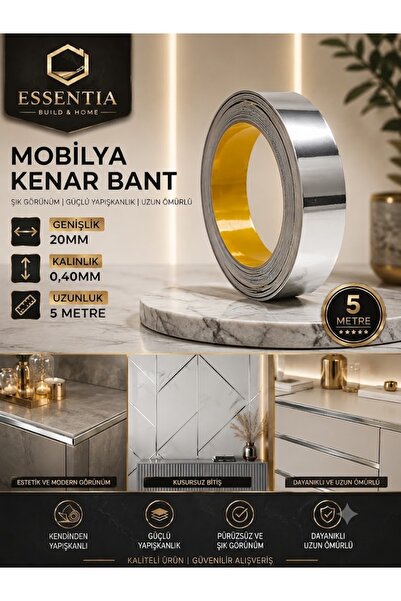 ESBH Kendinden Yapışkanlı Gümüş Krom Dekoratif Şerit Bant 20 mm x 5 Metre - P...