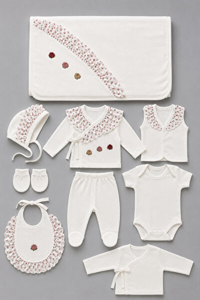 My Babies Label طقم أطفال حديثي الولادة مكون من 10 قطع بتفاصيل مطرزة بالزهور، مع بطانية، مصنوع من القطن بنسبة 100%