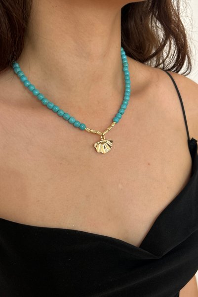 Suerte Accessories Turquoise Natural Stone Steel Sea Shell Symbol Pendant Handmade Special Design Women's Natural Stone Necklace