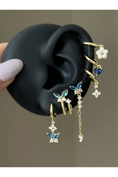 h&b design jewel Gold Blue Flower Detailed 6-Piece Earring Set