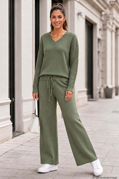 Mossta V-Neck Knitwear Double Set - Green