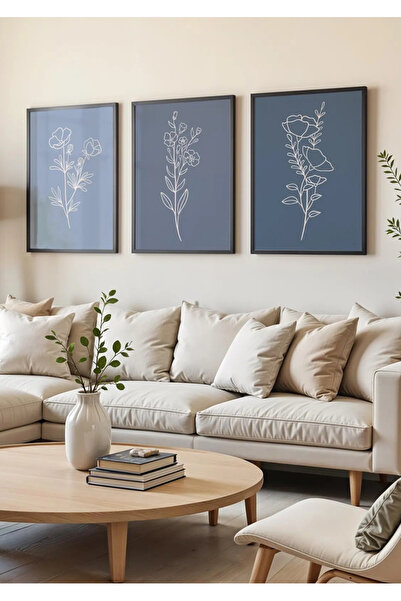 NT Handmade Natural Wood Framed 3-Piece Blue Tones Minimalist Linear Floral W...