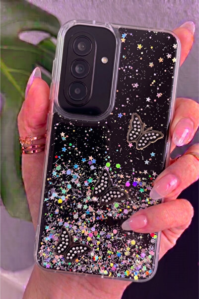 Rivor Samsung Galaxy A27 Uyumlu Kılıf Kamera Çıkıntılı Simli Kelebek Kabartma...