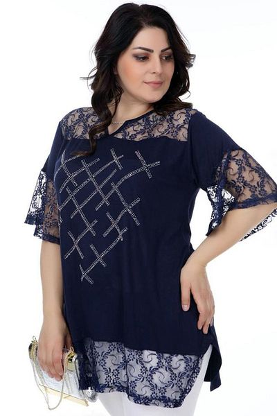 Kheos Lace Detailed V-Neck Front Stone Printed Short Sleeve Slit Blouse
