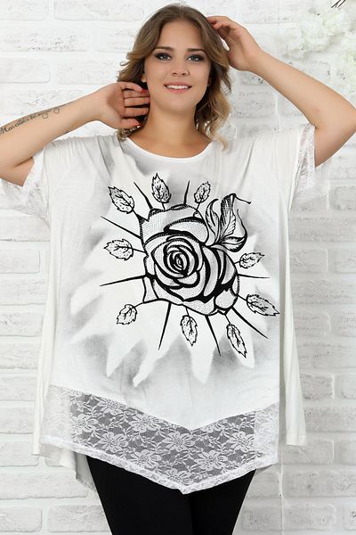 dekordünyası Μπλούζα με δαντέλα φούστα και μανσέτες, Flock printed Rose Motif