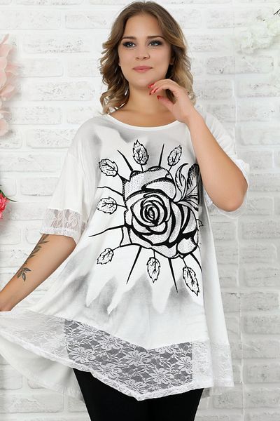 dekordünyası Μπλούζα με δαντέλα φούστα και μανσέτες, Flock printed Rose Motif