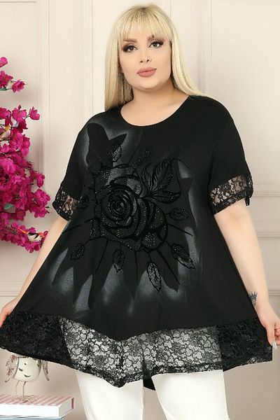 Kheos Tunic with Lace Skirt and Cuffs, Flock Printed Rose Motif