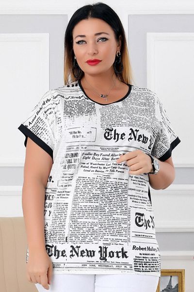 Kheos Εφημερίδα τυπωμένη κοντή μπλούζα με μανίκι στρογγυλή λαιμόκοψη