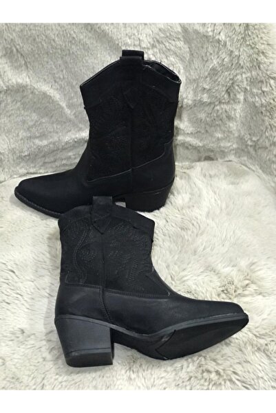 Metin Ayakkabı Siyah Cild Deri Işlemeli Kadın Vesten Koboy Kadın Bot
