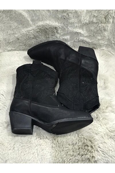 Metin Ayakkabı Siyah Cild Deri Işlemeli Kadın Vesten Koboy Kadın Bot