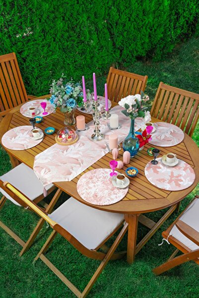 Realhomes 6+1'li Soft Gri Pembe Renkli Yaprak Figürlü Supla Runner Seti