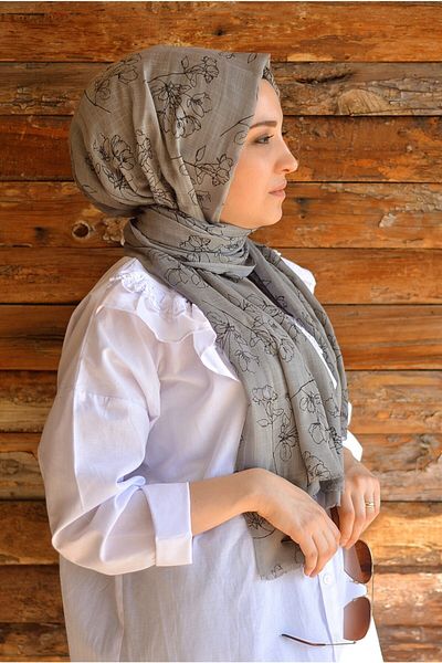 Veille Floral Patterned Dark Gray Shawl