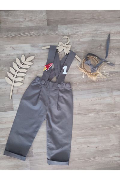 Feriatolye Gray Salopet Baby Boy 1 Year Old Birthday Outfit
