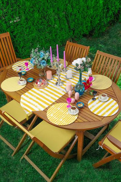 Realhomes طقم عداء مكون من 6 قطع باللونين الأصفر والأبيض مع رسم هندسي