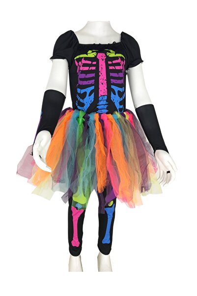 Herkese Kostüm Kız Çocuk Cadılar Bayramı İskelet Kostüm Siyah