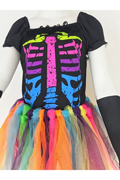 Herkese Kostüm Kız Çocuk Cadılar Bayramı İskelet Kostüm Siyah