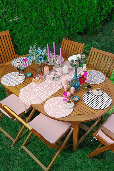 Realhomes 6+1'li Çizgili Kalp Tasarımlı Aşk Temalı Supla Runner Seti