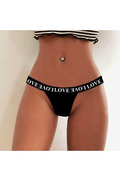 lovebox Tanga neagră elastică Fancy - Bandă elastică imprimată în partea taliei