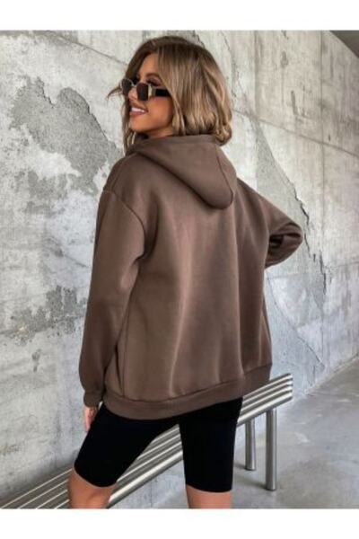 Benisengiydir Women's Brown Plain Zipper Hooded Jacket