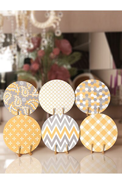 Realhomes 6'lı Sarı & Gri Geometrik Özel Tasarımlı Servis Altlığı & Supla