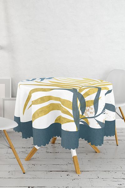 Realhomes Față de masă rotundă modernă imprimată digital cu model de frunze colorate pe fundal alb - diametru 140 cm