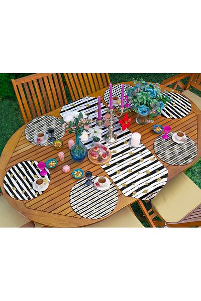 Realhomes Set de 6+1 Supla Runner cu dungi alb-negru din frunze de aur