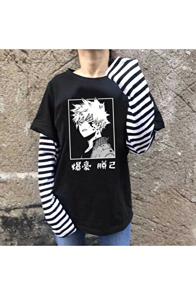 Köstebek Nefigo Anime My Hero Academia : Bakugou Unisex Çizgili Kollu T-shirt