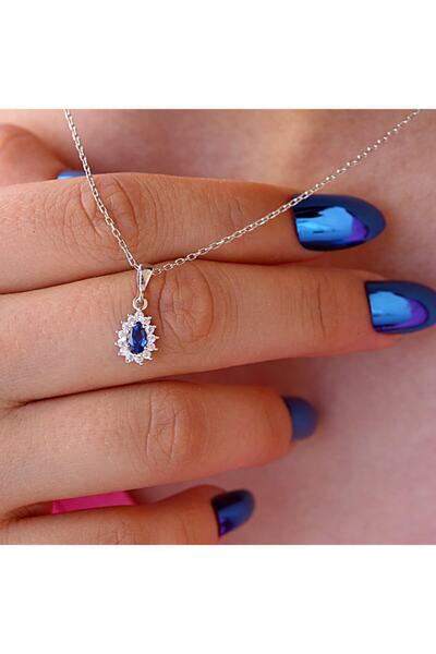 Takı Boom Lacivert Beyaz Taşlı Minimal Anturaj Damla Gümüş Kolye Küpe Takım, Rodyum Kaplama