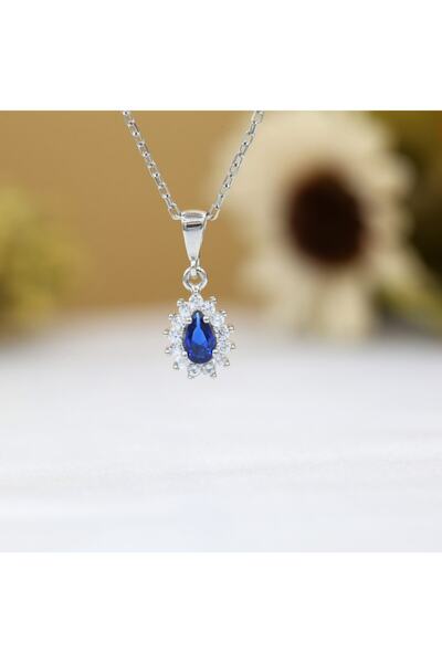 Takı Boom Lacivert Beyaz Taşlı Minimal Anturaj Damla Gümüş Kolye Küpe Takım, Rodyum Kaplama