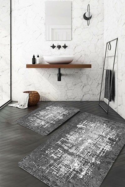 Resmiro Gri Kenarlık Beyaz Düzensiz Çizgi Banyo Paspası