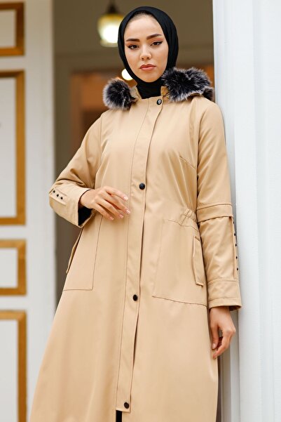 InStyle 9019 Fur Coat with Sequin Detail - Beige